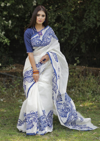 WHITE COTTON SAREE WITH HAND PAINTED BLUE ALPANA