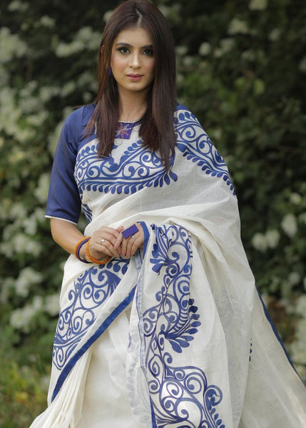 WHITE COTTON SAREE WITH HAND PAINTED BLUE ALPANA