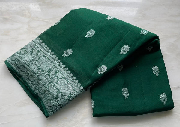 Green Handwoven Khaddi Chiffon Georgette with Pure Silver Zari