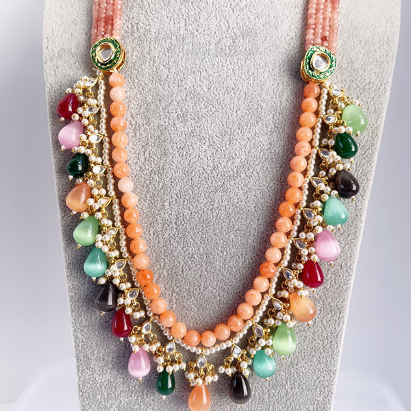 Coral Peach Pink Kundan Rani Haar Long Necklace