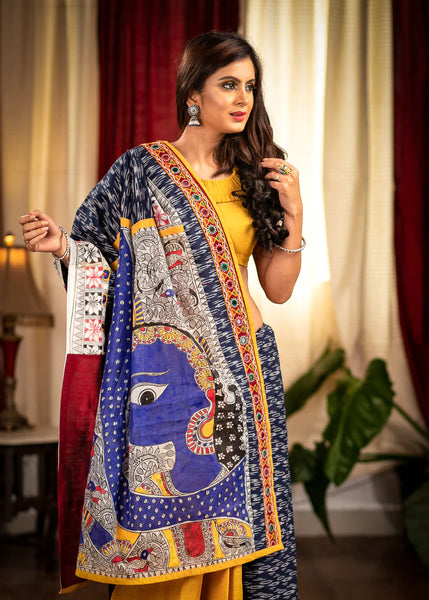 BLUE IKAT DESIGNER SAREE WITH HAND PAINTED MADHUBANI PALLU & KUTCH MIRROR WORK
