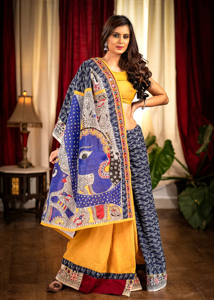 BLUE IKAT DESIGNER SAREE WITH HAND PAINTED MADHUBANI PALLU & KUTCH MIRROR WORK