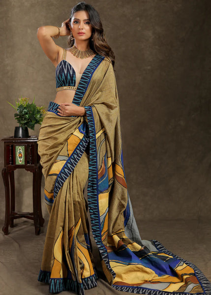 Chique Cotton Abstract Painting Saree with Ajrakh Border