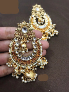 Gorgeous White Gold Plated Kundan Earrings with White Pearls