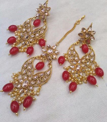 3 Piece Kundan Maang Ka Tika And Earring Set With Red Beads