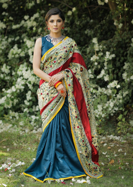 HEAVY EMBROIDERY CHANDERI SAREE WITH BLUE SATIN PLEATS