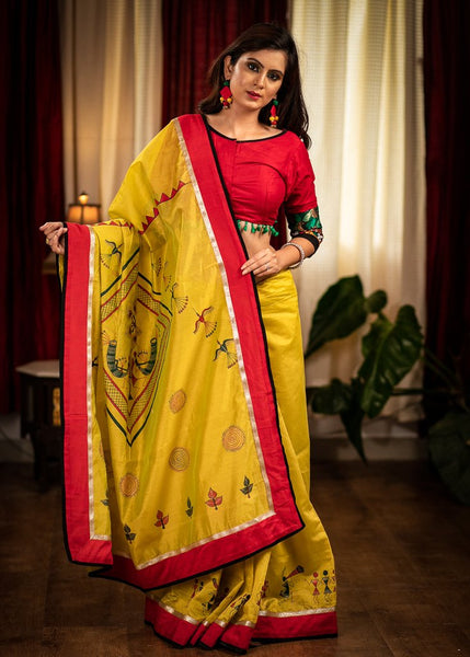 YELLOW CHANDERI SAREE WITH HAND PAINTED WARLI ART