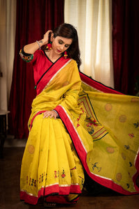 YELLOW CHANDERI SAREE WITH HAND PAINTED WARLI ART