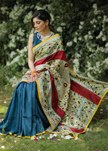 HEAVY EMBROIDERY CHANDERI SAREE WITH BLUE SATIN PLEATS