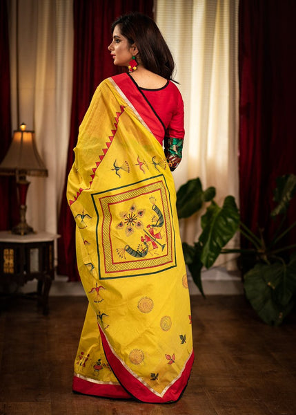 YELLOW CHANDERI SAREE WITH HAND PAINTED WARLI ART