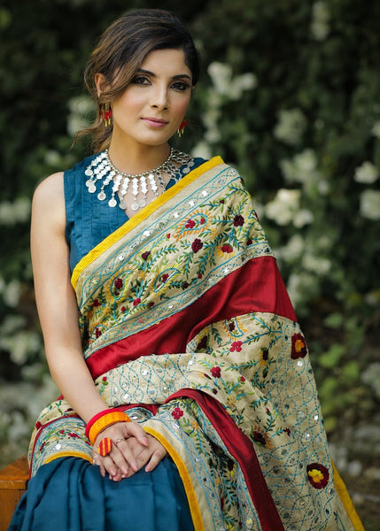 HEAVY EMBROIDERY CHANDERI SAREE WITH BLUE SATIN PLEATS