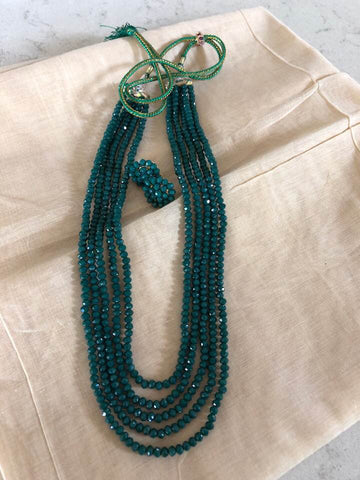 5 layered Forest Green Garnet Set Necklace with Earrings