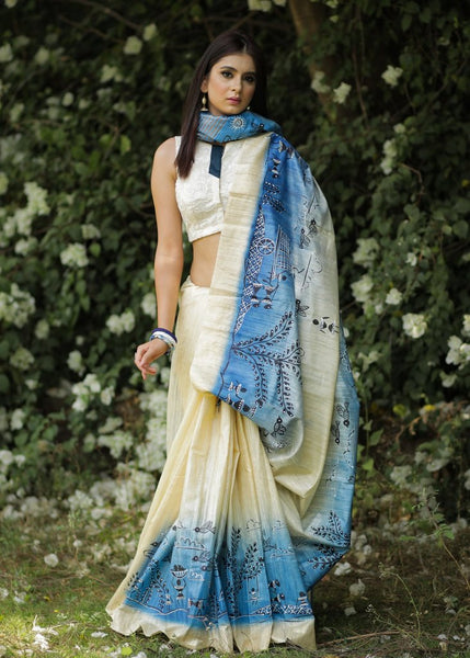 WARLI ART, BLUE & BEIGE COMBINATION PURE RAW SILK SAREE