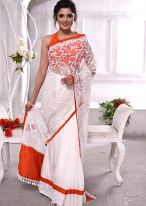 EXCLUSIVE PEARLS EMBROIDERED NET SAREE WITH SATIN PLEATS COMBINATION