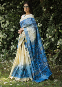 WARLI ART, BLUE & BEIGE COMBINATION PURE RAW SILK SAREE