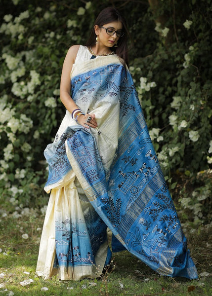 WARLI ART, BLUE & BEIGE COMBINATION PURE RAW SILK SAREE