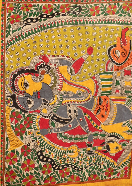 BEIGE CHANDERI SAREE WITH HAND PAINTED MADHUBANI PALLU AND AJRAKH PLEATS