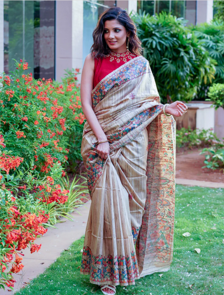 GHICHA SILK HANDPAINTED MADHUBANI SAREE