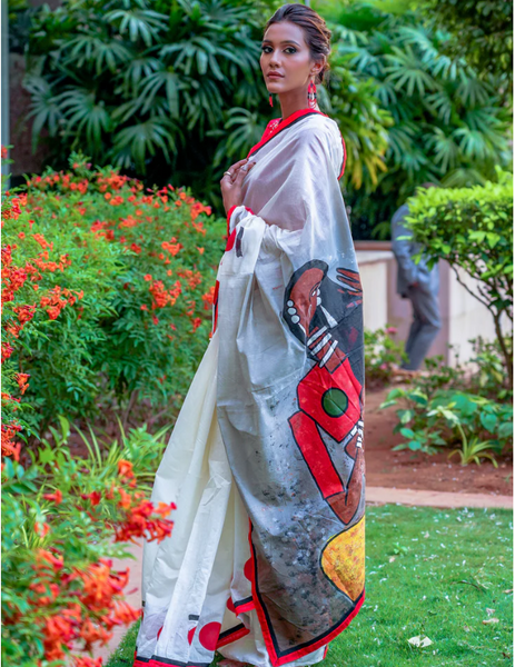 CHANDERI WHITE SAREE WITH RED HANDPAINTED MODERN ART