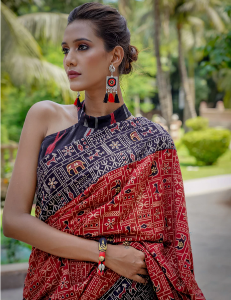AJRAKH COTTON ANIMAL PRINT MAROON & BLACK SAREE