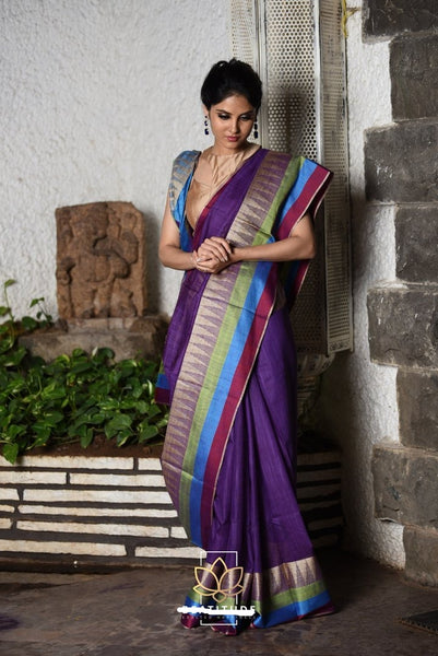 Purple Handwoven Handloom Silk Saree with Temple Border