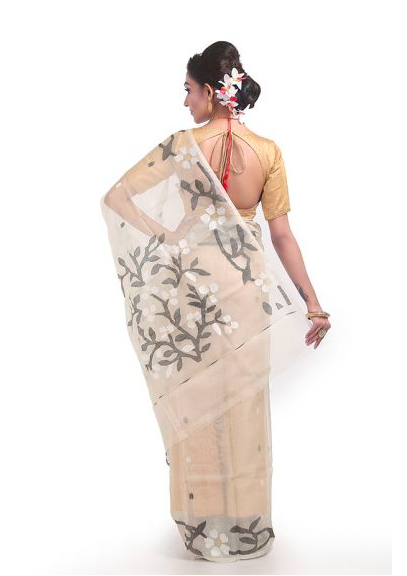 Off White Pure Resham Silk Muslin Jamdani Saree