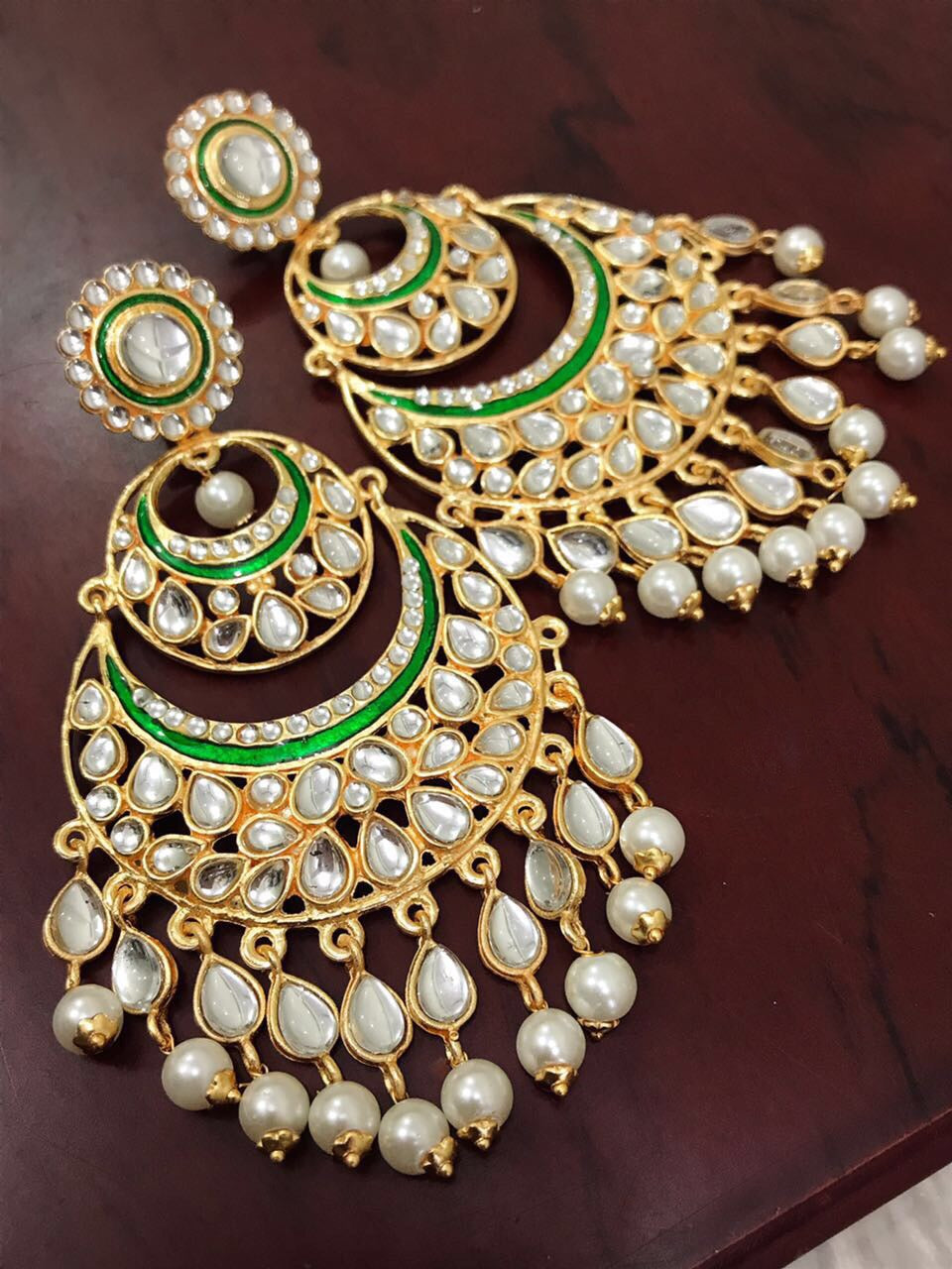 Green Colored Kundan Dangler Earrings