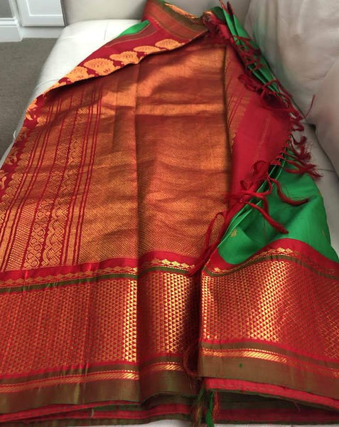 Parrot Green & Red Pure Silk Gadhwal Saree