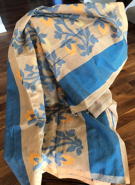 Tan & Azure Blue Handloom Cotton Silk Saree