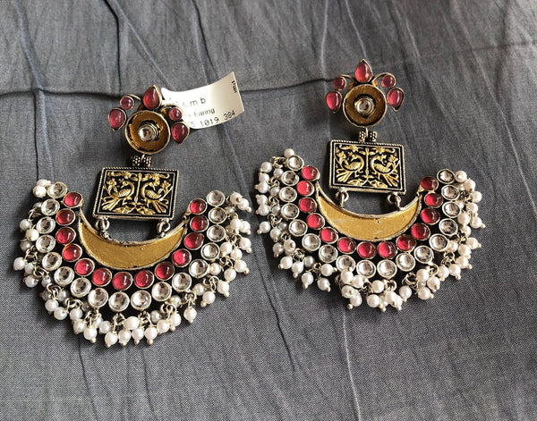 Antique Earrings with Intricate Peacock Design with Semi Precious Stones