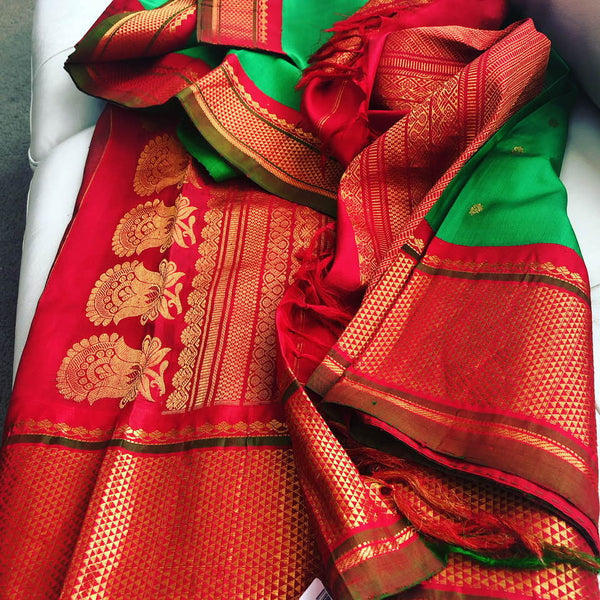 Parrot Green & Red Pure Silk Gadhwal Saree
