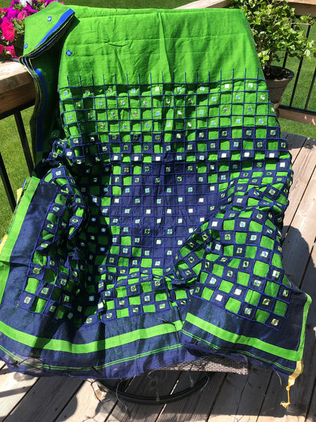 Parrot Green and Blue Handloom Mirror Cut Work Blended Saree