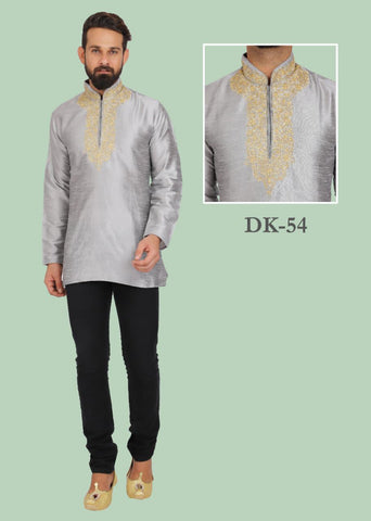 Grey Silver Colored Embroidered Silk Mens Short Kurta