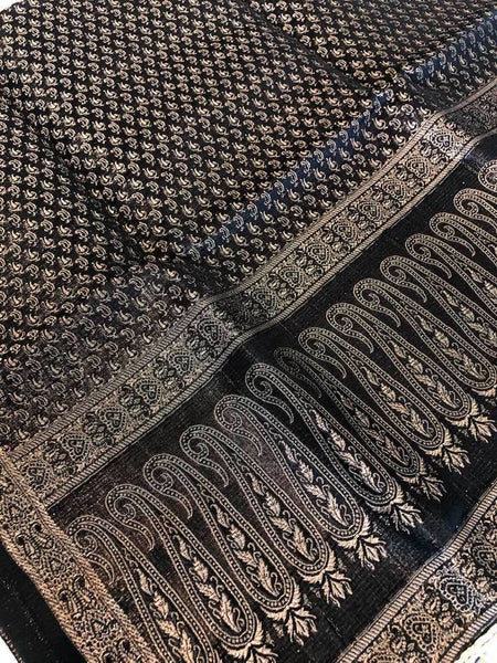 Black and Gold Handloom Banarasi Silk Pure Stole with Golden Zari Work
