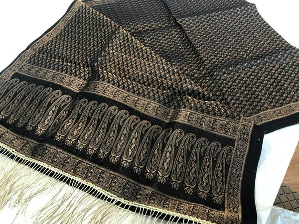 Black and Gold Handloom Banarasi Silk Pure Stole with Golden Zari Work