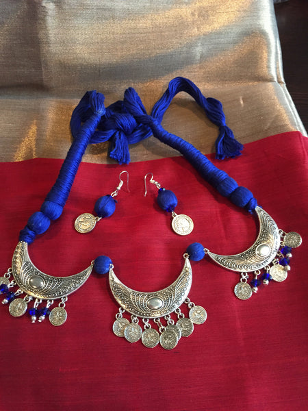 Blue Threaded Necklace with Matching Earrings