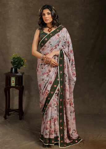 FLORAL DIGITAL PRINT SAREE WITH GREEN AJRAKH BORDER AND MIRROR WORK