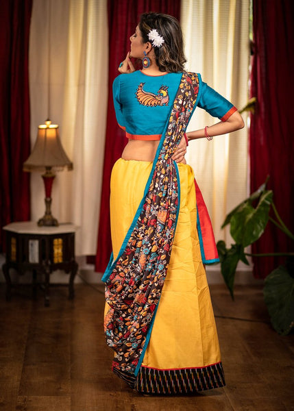 KALAMKARI PRINTED RAYON SATIN SAREE WITH IKAT BORDER