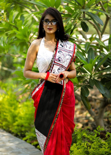 RED CREPE SATIN SAREE WITH HAND PAINTED PATTACHITRA BORDER & BENARASI PATCH ON PALLU