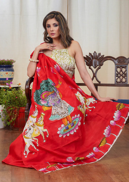 PURE SILK HAND PAINTED RED SAREE WITH ELEGANT KRISHNA DESIGN