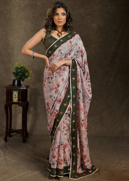 FLORAL DIGITAL PRINT SAREE WITH GREEN AJRAKH BORDER AND MIRROR WORK
