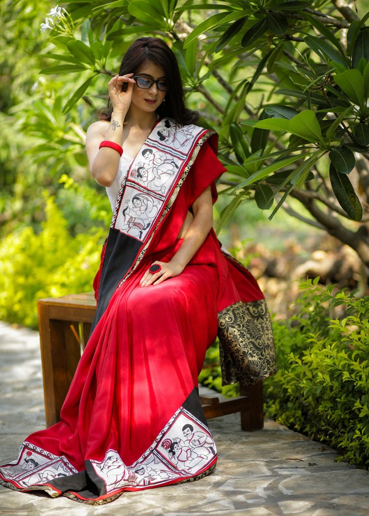 RED CREPE SATIN SAREE WITH HAND PAINTED PATTACHITRA BORDER & BENARASI PATCH ON PALLU
