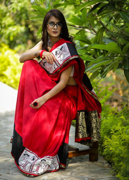 RED CREPE SATIN SAREE WITH HAND PAINTED PATTACHITRA BORDER & BENARASI PATCH ON PALLU