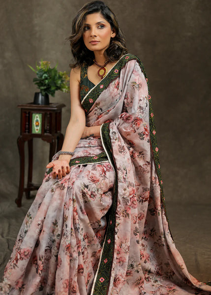 FLORAL DIGITAL PRINT SAREE WITH GREEN AJRAKH BORDER AND MIRROR WORK