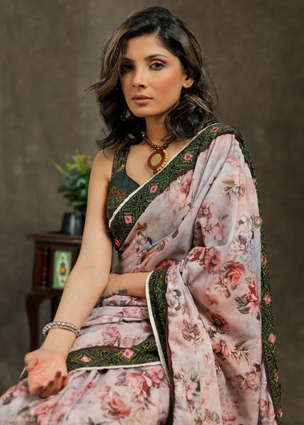 FLORAL DIGITAL PRINT SAREE WITH GREEN AJRAKH BORDER AND MIRROR WORK
