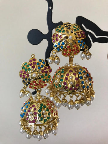 Gold Plated Multicolored Stone Studded Jhumka Pearl Earrings