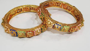 Gold Colored Enameled Bangle Pairs With Multicolored Stones