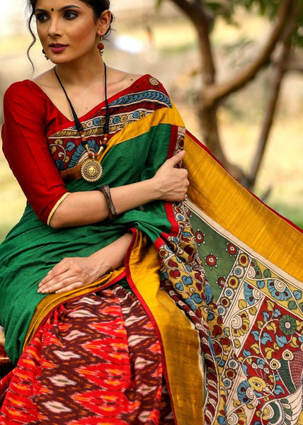 HANDLOOM COTTON SAREE WITH IKAT PLEATS AND HAND PAINTED KALAMKARI PALLU