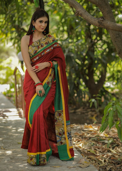MAROON COTTON SILK SAREE WITH HAND PAINTED KALAMKARI & KUTCH MIRROR WORK BORDER
