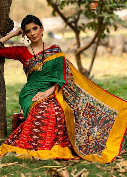 HANDLOOM COTTON SAREE WITH IKAT PLEATS AND HAND PAINTED KALAMKARI PALLU